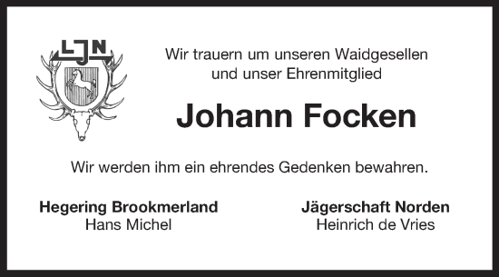 Traueranzeige von Johann Focken von Ostfriesischer Kurier