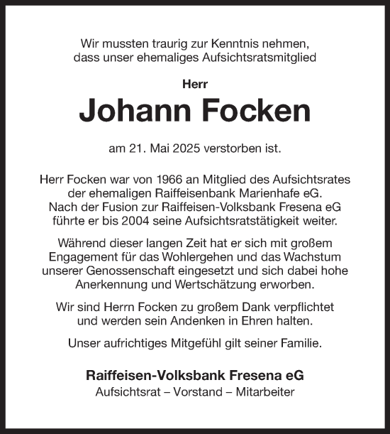 Traueranzeige von Johann Focken von Ostfriesischer Kurier