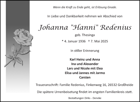 Traueranzeige von Johanna Redenius von Ostfriesischer Kurier