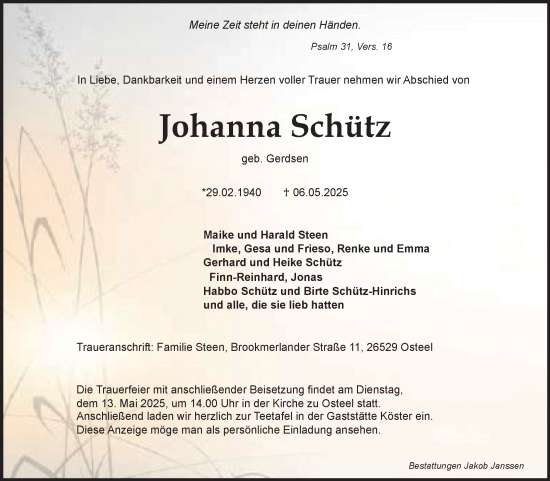 Traueranzeige von Johanna Schütz von Ostfriesischer Kurier