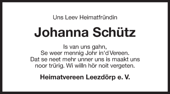 Traueranzeige von Johanna Schütz von Ostfriesischer Kurier