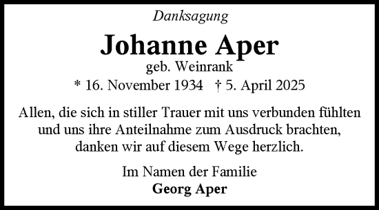 Traueranzeige von Johanne Aper von Ostfriesischer Kurier