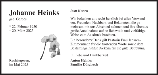 Traueranzeige von Johanne Heinks von Ostfriesischer Kurier