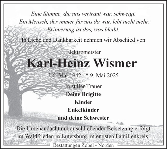 Traueranzeige von Karl-Heinz Wismer von Ostfriesischer Kurier