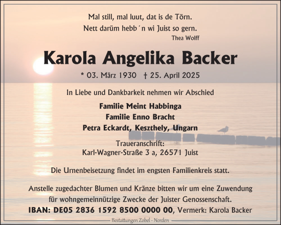 Traueranzeige von Karola Angelika Backer von Ostfriesischer Kurier