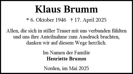 Traueranzeige von Klaus Brumm von Ostfriesischer Kurier