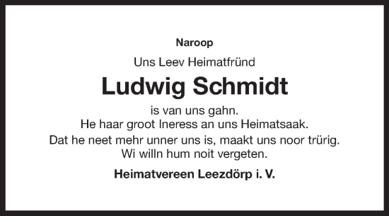 Traueranzeige von Ludwig Schmidt von Ostfriesischer Kurier