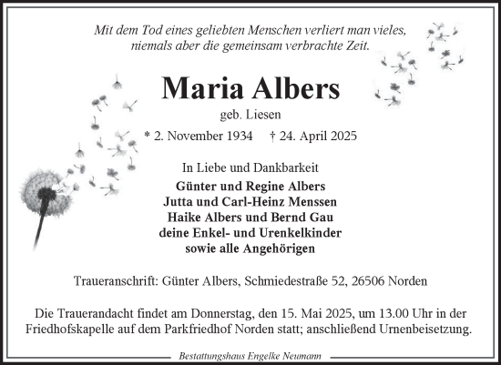 Traueranzeige von Maria Albers von Ostfriesischer Kurier