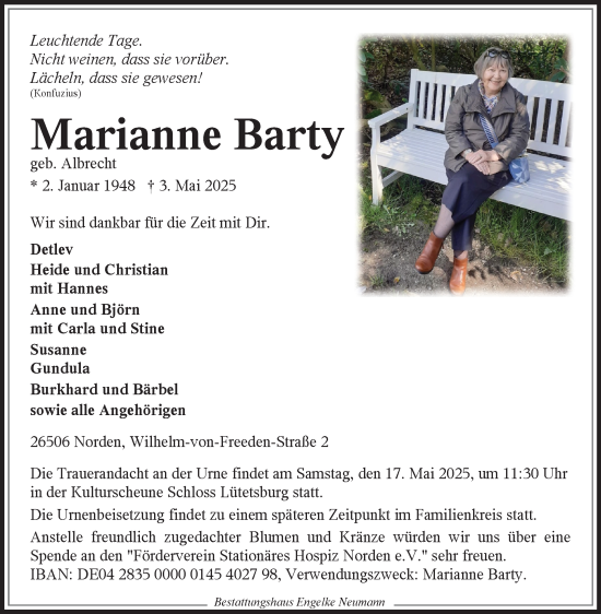Traueranzeige von Marianne Barty von Ostfriesischer Kurier