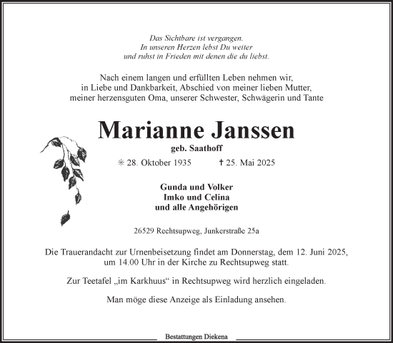 Traueranzeige von Marianne Janssen von Ostfriesischer Kurier