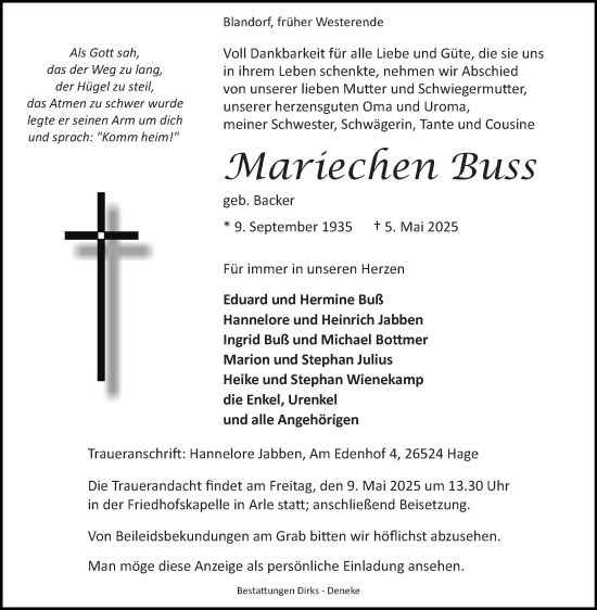 Traueranzeige von Mariechen Buss von Ostfriesischer Kurier