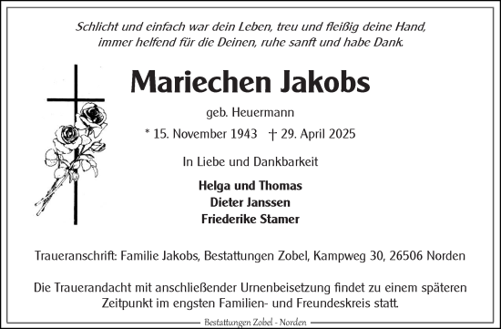 Traueranzeige von Mariechen Jakobs von Ostfriesischer Kurier