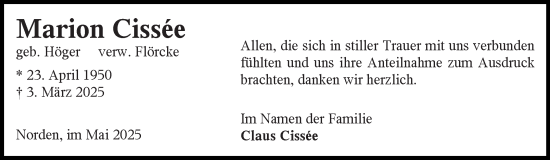 Traueranzeige von Marion Cissee von Ostfriesischer Kurier