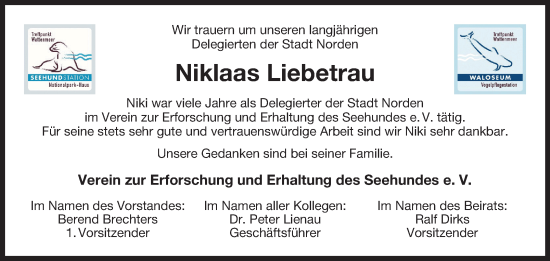 Traueranzeige von Niklaas Liebetrau von Ostfriesischer Kurier