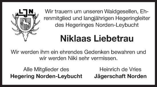 Traueranzeige von Niklaas Liebetrau von Ostfriesischer Kurier