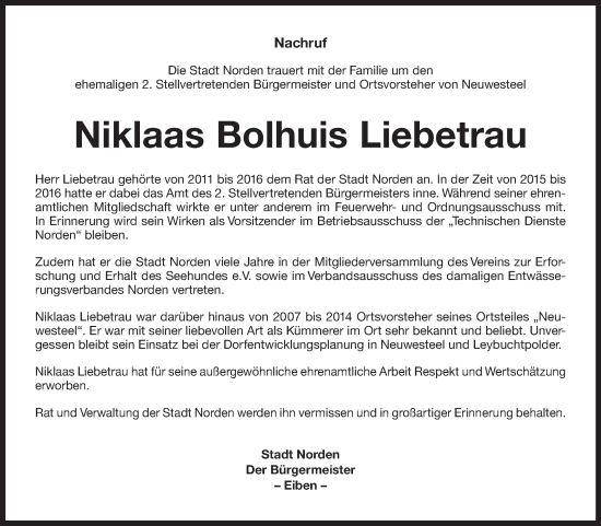 Traueranzeige von Niklaas Bolhuis Liebetrau von Ostfriesischer Kurier
