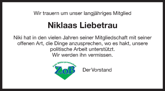 Traueranzeige von Niklaas Bolhuis Liebetrau von Ostfriesischer Kurier