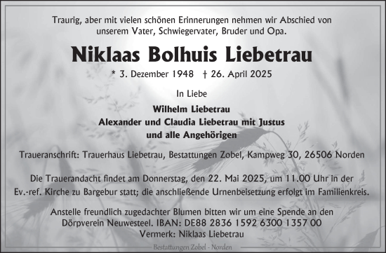 Traueranzeige von Niklaas Bolhuis Liebetrau von Ostfriesischer Kurier