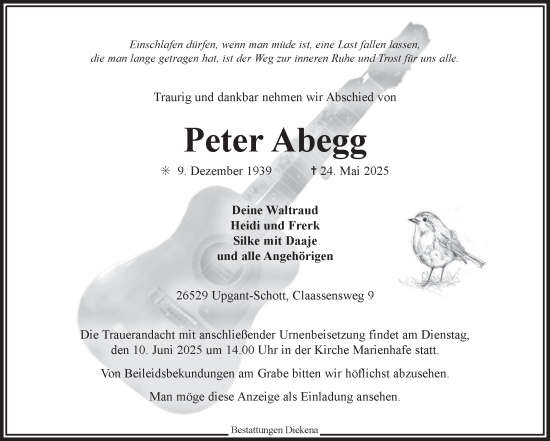 Traueranzeige von Peter Abegg von Ostfriesischer Kurier