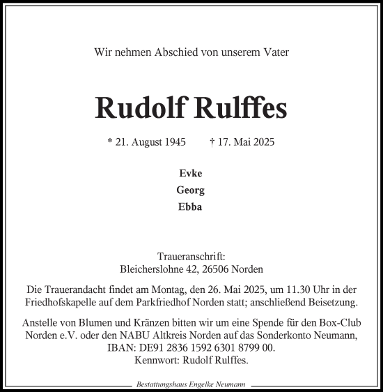 Traueranzeige von Rudolf Rulffes von Ostfriesischer Kurier