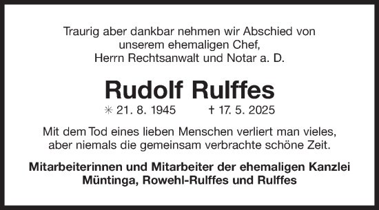 Traueranzeige von Rudolf Rulffes von Ostfriesischer Kurier