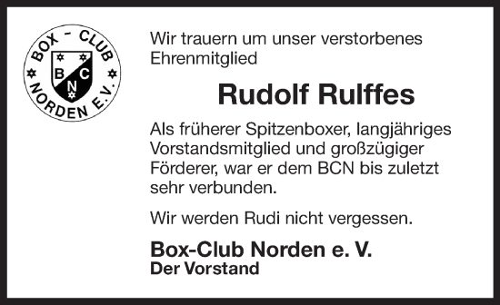 Traueranzeige von Rudolf Rulffes von Ostfriesischer Kurier