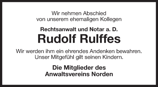 Traueranzeige von Rudolf Rulffes von Ostfriesischer Kurier