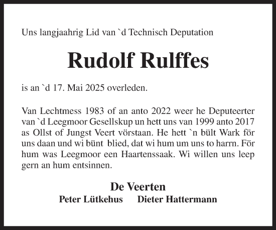 Traueranzeige von Rudolf Rulffes von Ostfriesischer Kurier