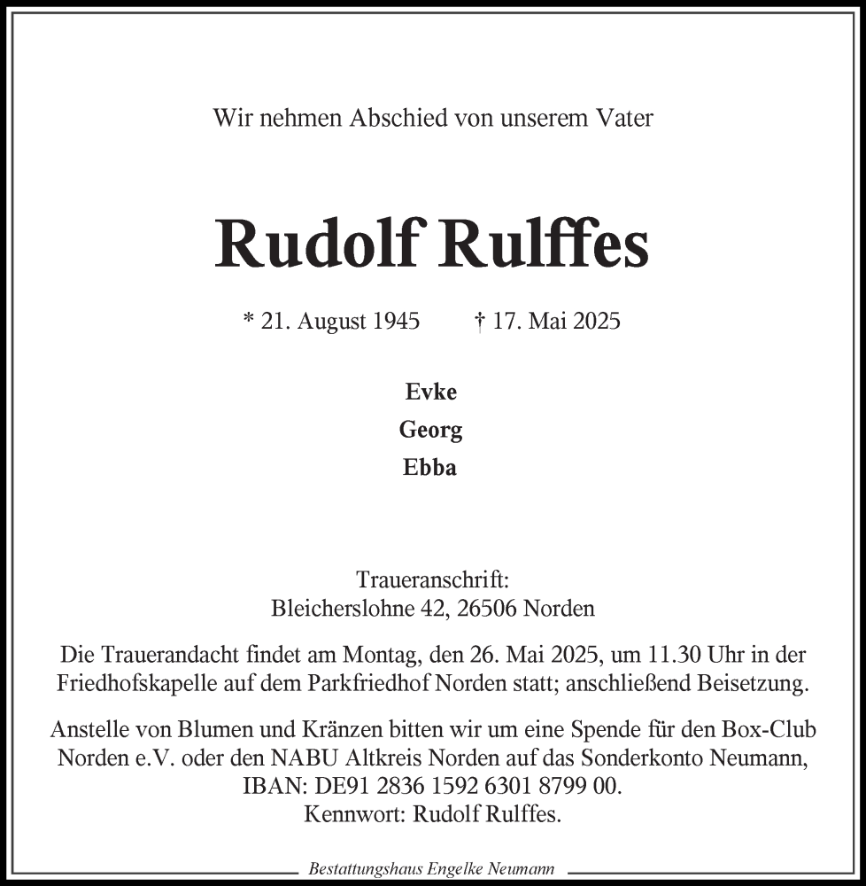  Traueranzeige für Rudolf Rulffes vom 24.05.2025 aus Ostfriesischer Kurier