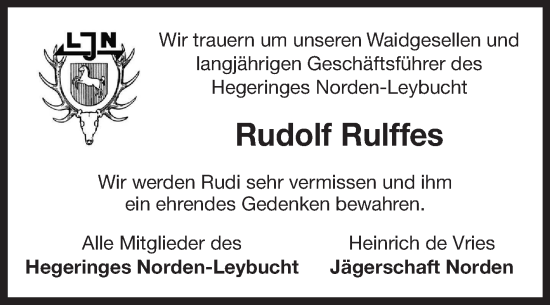 Traueranzeige von Rudolf Rulffes von Ostfriesischer Kurier
