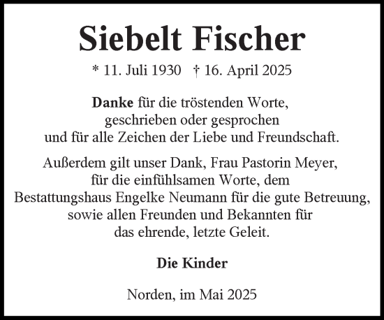 Traueranzeige von Siebelt Fischer von Ostfriesischer Kurier