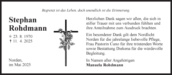 Traueranzeige von Stephan Rohdmann von Ostfriesischer Kurier