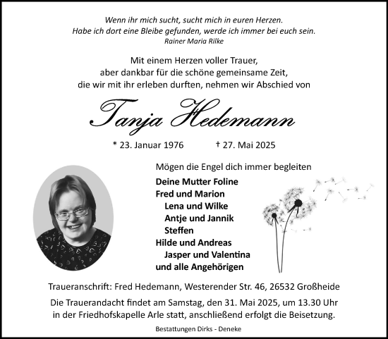 Traueranzeige von Tanja Hedemann von Ostfriesischer Kurier