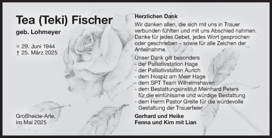 Traueranzeige von Tea Fischer von Ostfriesischer Kurier