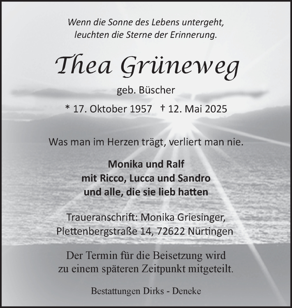  Traueranzeige für Thea Grüneweg vom 17.05.2025 aus Ostfriesischer Kurier