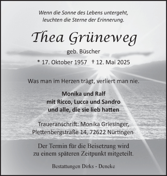 Traueranzeige von Thea Grüneweg von Ostfriesischer Kurier