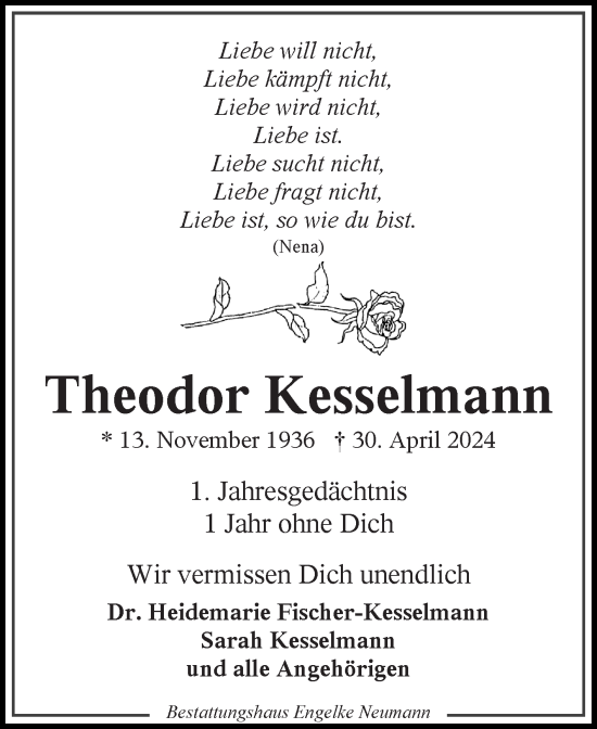 Traueranzeige von Theodor Kesselmann von Ostfriesischer Kurier