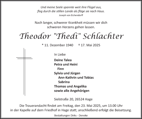 Traueranzeige von Theodor Schlachter von Ostfriesischer Kurier