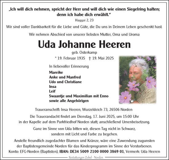 Traueranzeige von Uda Johanne Heeren von Ostfriesischer Kurier