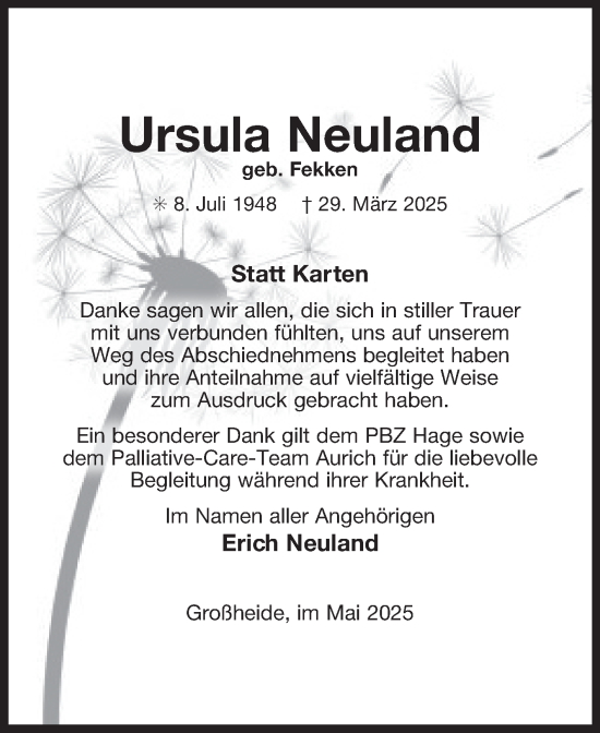 Traueranzeige von Ursula Neuland von Ostfriesischer Kurier