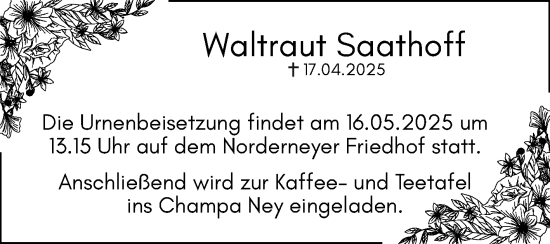 Traueranzeige von Waltraut Saathoff von Ostfriesischer Kurier
