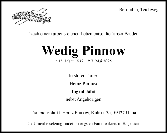 Traueranzeige von Wedig Pinnow von Ostfriesischer Kurier