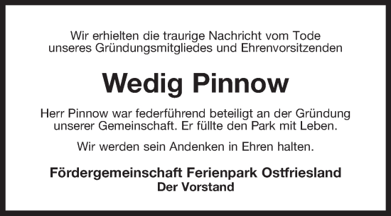 Traueranzeige von Wedig Pinnow von Ostfriesischer Kurier