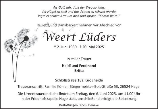 Traueranzeige von Weert Lüders von Ostfriesischer Kurier