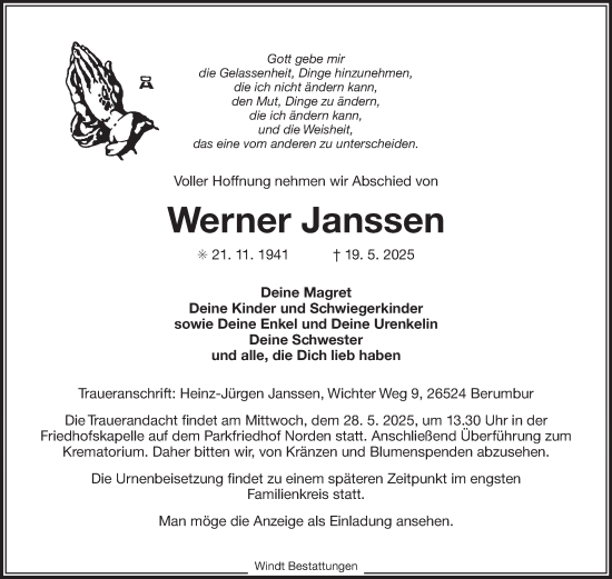 Traueranzeige von Werner Janssen von Ostfriesischer Kurier