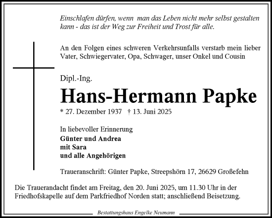 Traueranzeige von Hans-Hermann Papke von Ostfriesischer Kurier