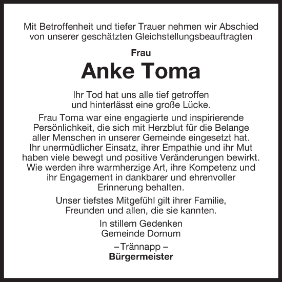 Traueranzeige von Anke Toma von Ostfriesischer Kurier