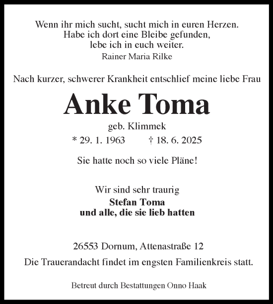 Traueranzeige von Anke Toma von Ostfriesischer Kurier