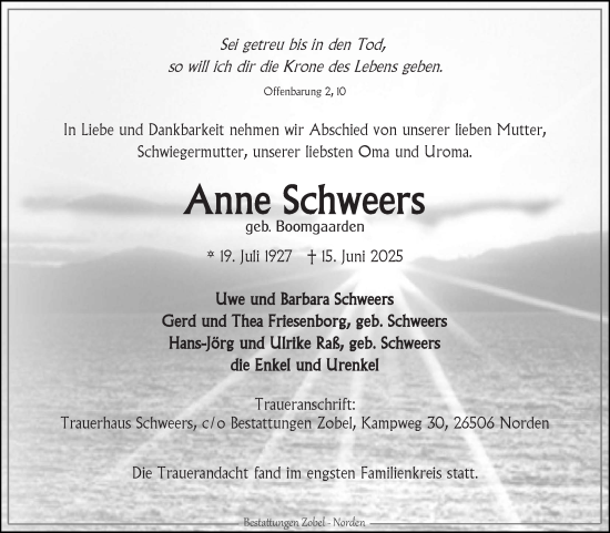Traueranzeige von Anne Schweers von Ostfriesischer Kurier