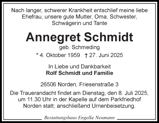 Traueranzeige von Annegret Schmidt von Ostfriesischer Kurier